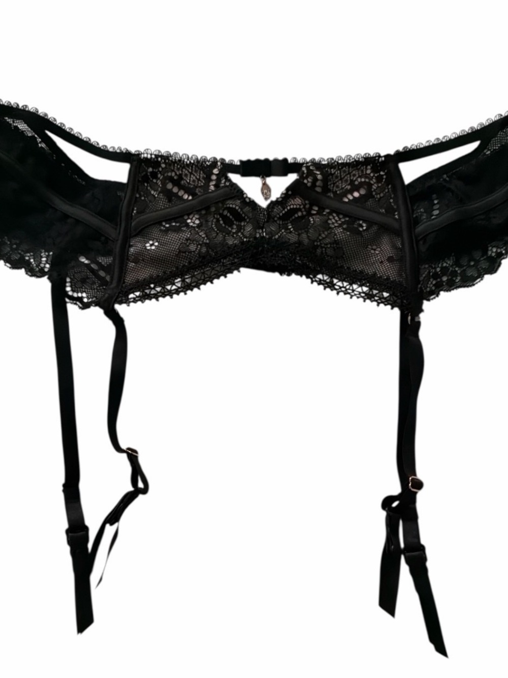 Secret Possessions Black Lace Garter Belt with Floral Detail size M